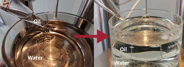 Fig. 5: The oil is carefully added onto the water surface using a pipette.