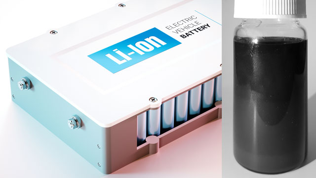 left: Battery pack for electric vehicle right: Battery slurry 1 in sample container after 26 hours
