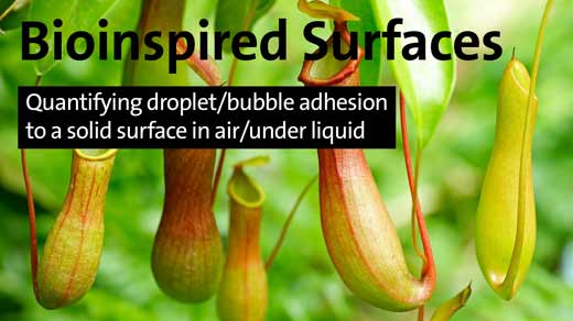 Bioinspired Surfaces - Quantifying droplet/bubble adhesion to a solid surface in air/under liquid