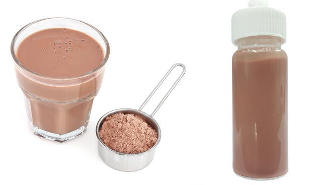 left: milk-based protein powder mixed in water right: protein shake in glass vial after 16 days and 18 hours